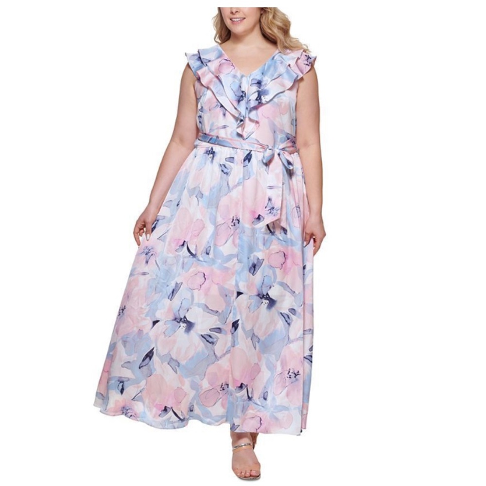 DKNY V-Neck Blue Pink Floral Day Maxi Dress Size 18W
